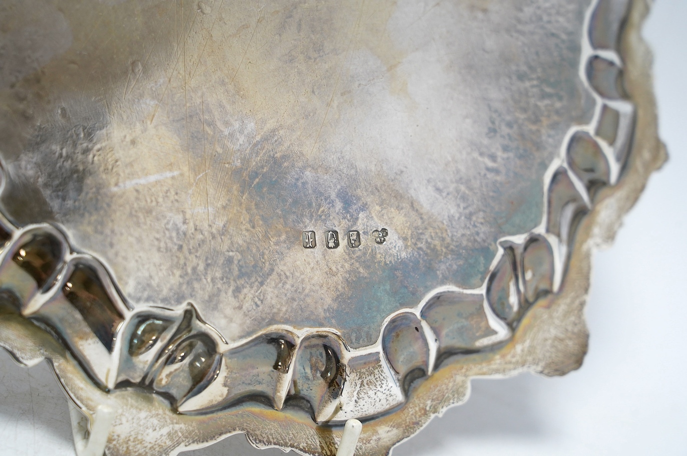 An Edwardian Irish silver waiter, Wakley & Wheeler, Dublin, 21.7cm, 1904, 8.1oz. Condition - fair